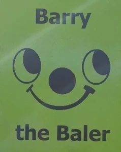 Barry the Baler in black text on a green background. The Henry Hoover smiley face stands in the middle.