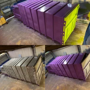 Three photos of the N-range compactor refurbished from an old rusting state of grey to a like-new purple and green.